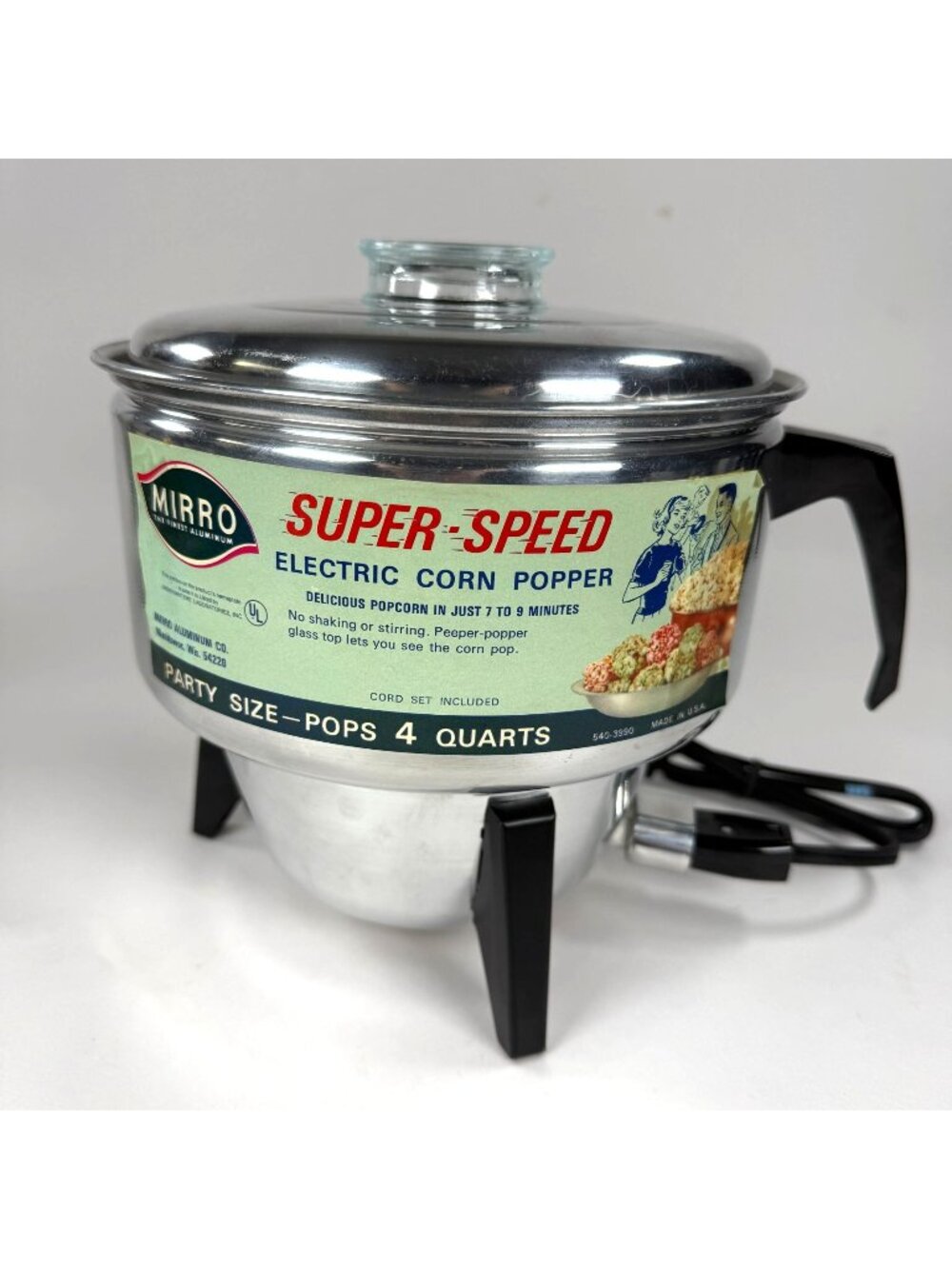 Mirro Super-Speed Electric Corn Popper 9224 Aluminum 4 Quart Lid Vintage No Box